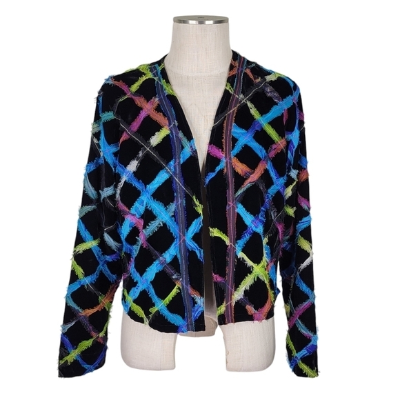 Chicos Open Blazer Size 1 M 8 Abstract Vibrant Rainbow Colors Silk Blend Lined - Picture 13 of 13